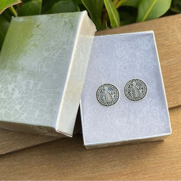 925 Sterling Silver  Saint Benedict Stud Earrings Small Catholic Earrings - Picture 7 of 9